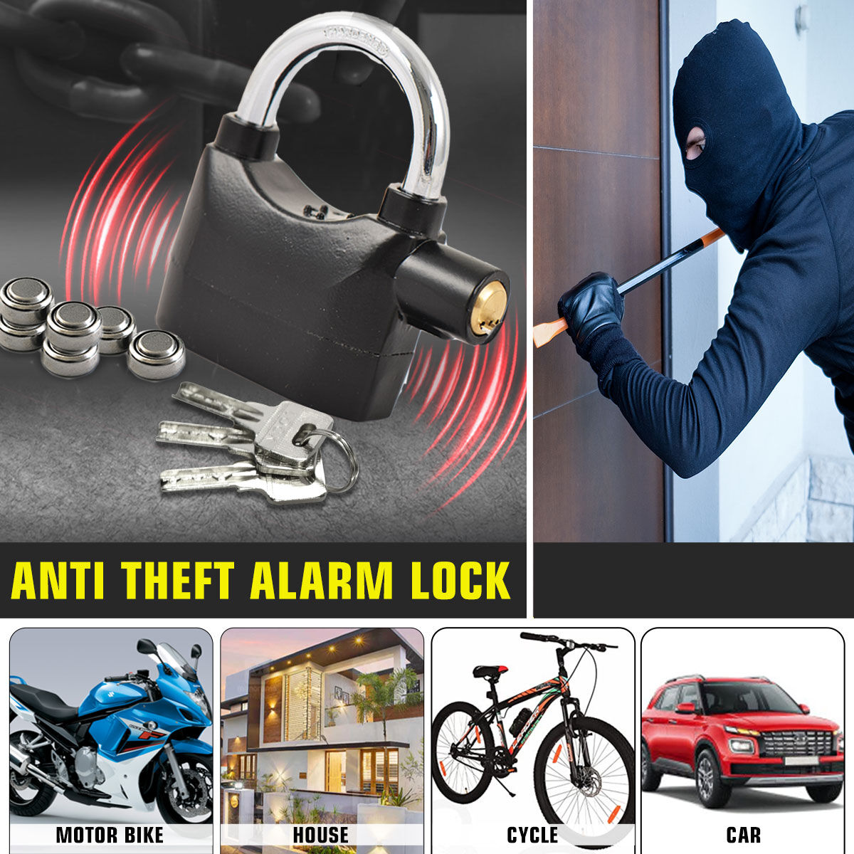 ( FREE HOME DELIVERY ) Alarm Lock Padlock Anti-Theft Security System Door Safety Lock (Black)